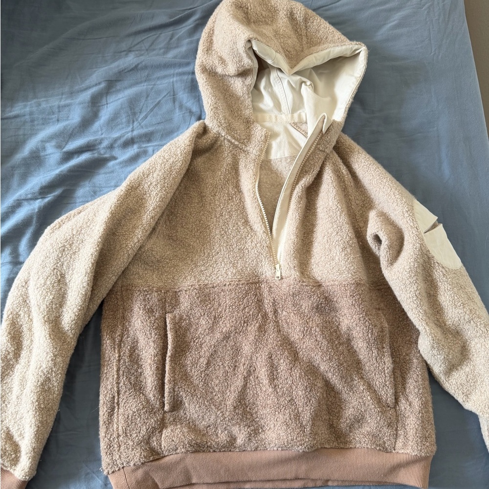 Outdoor Voices Cream and Beige Teddy Half-Zip Hoodie